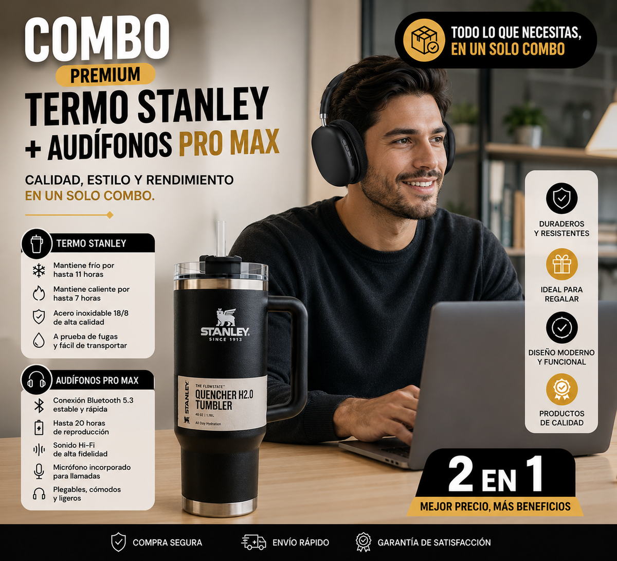 TERMO STANLEY + AUDÍFONOS PRO MAX + REGALO SURPRESA + ENVIO GRATIS