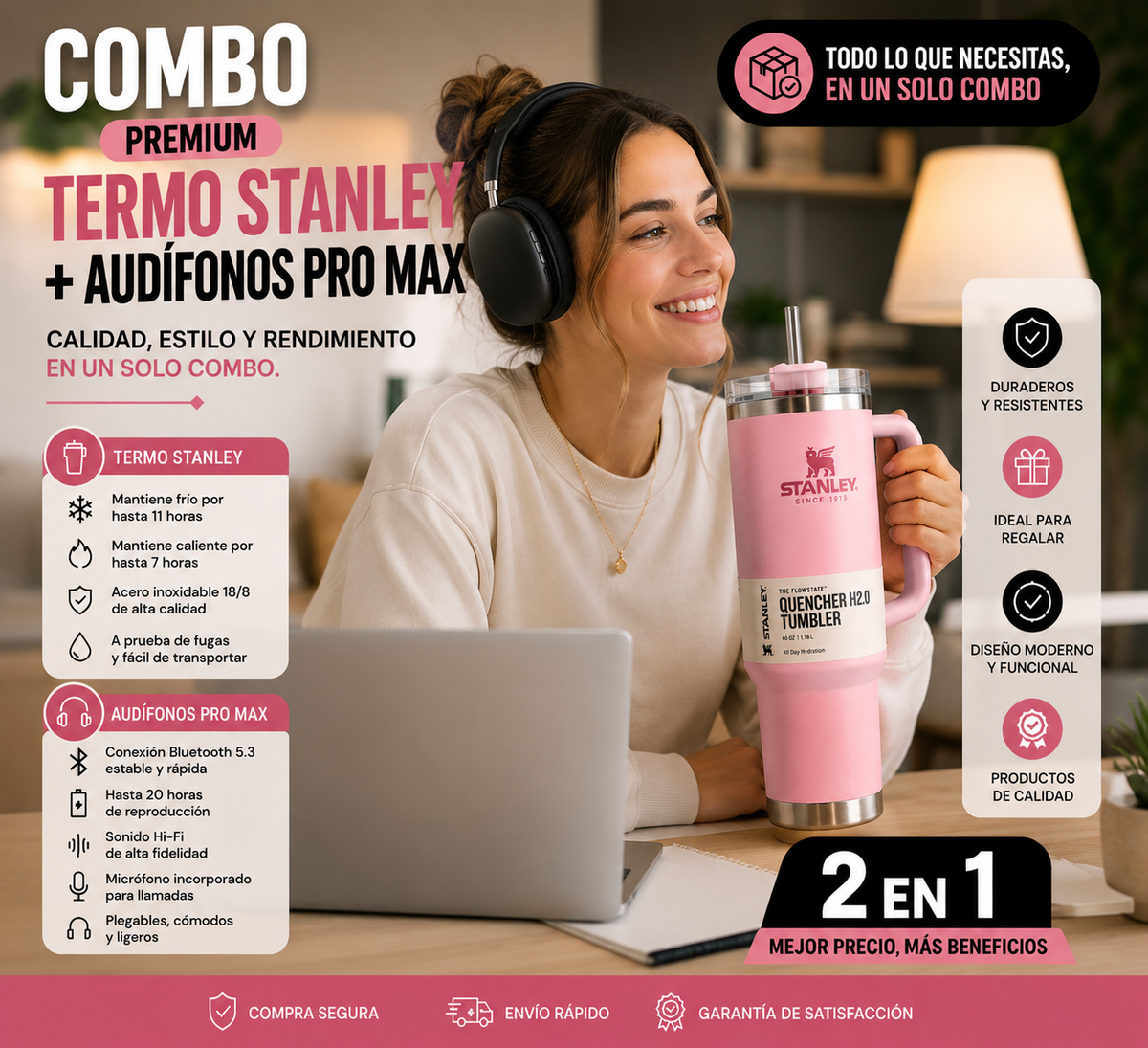 TERMO STANLEY + AUDÍFONOS PRO MAX + REGALO SURPRESA + ENVIO GRATIS